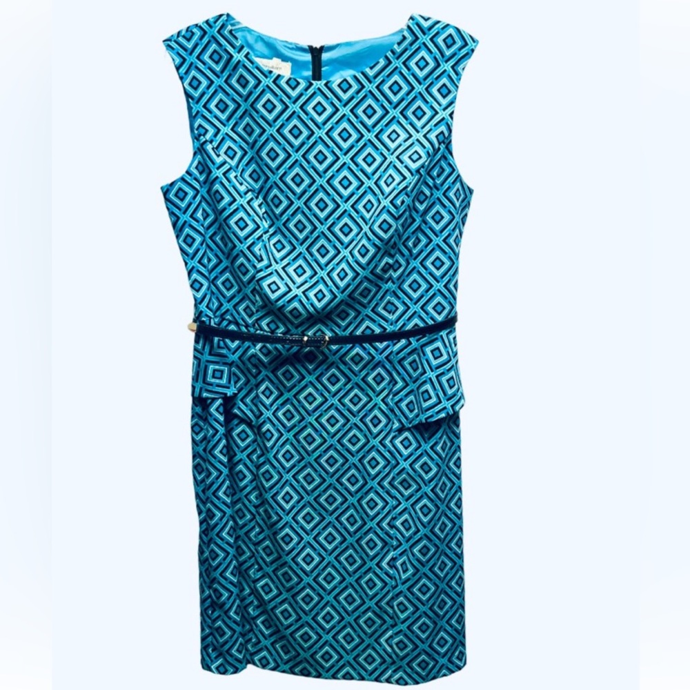 Dress Barn Belted Blue Geometric Peplum Sleeveless Size 10 Dress